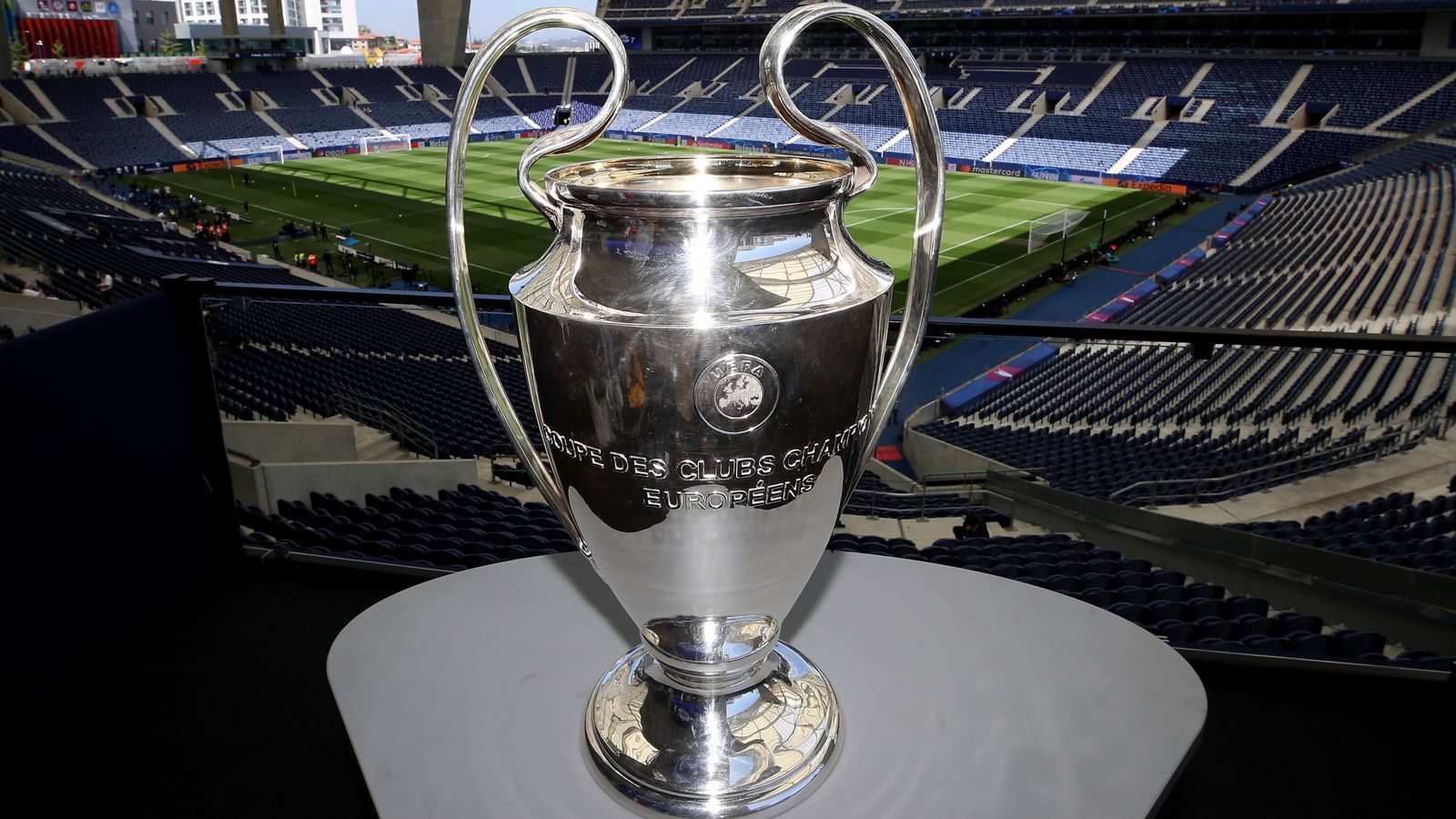 The UEFA Champions League trophy on display in the ground during a training session ahead of the UEFA Champions League final, at the Estadio do Dragao, Portugal. Picture date: Friday May 28, 2021.