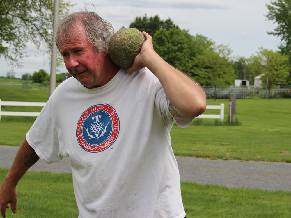 A 28-pound weight for distance event practice throw. Photo on Tuesday, May 24, 2022, in Maxville, Ont. Todd Hambleton/Cornwall Standard-Freeholder/Postmedia Network