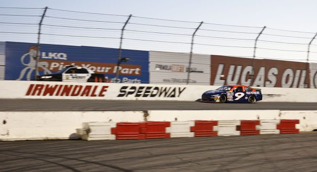 Tanner Reif, driver of the #9 Vegas Fastener Mfg Ford, leads during the NAPA Auto Parts 150 presented by West Coast Stock Car Hall of Fame for the ARCA Menards Series West at Irwindale Speedway in Irwindale, California on March 26, 2022. (Michael Owens/ARCA Racing)