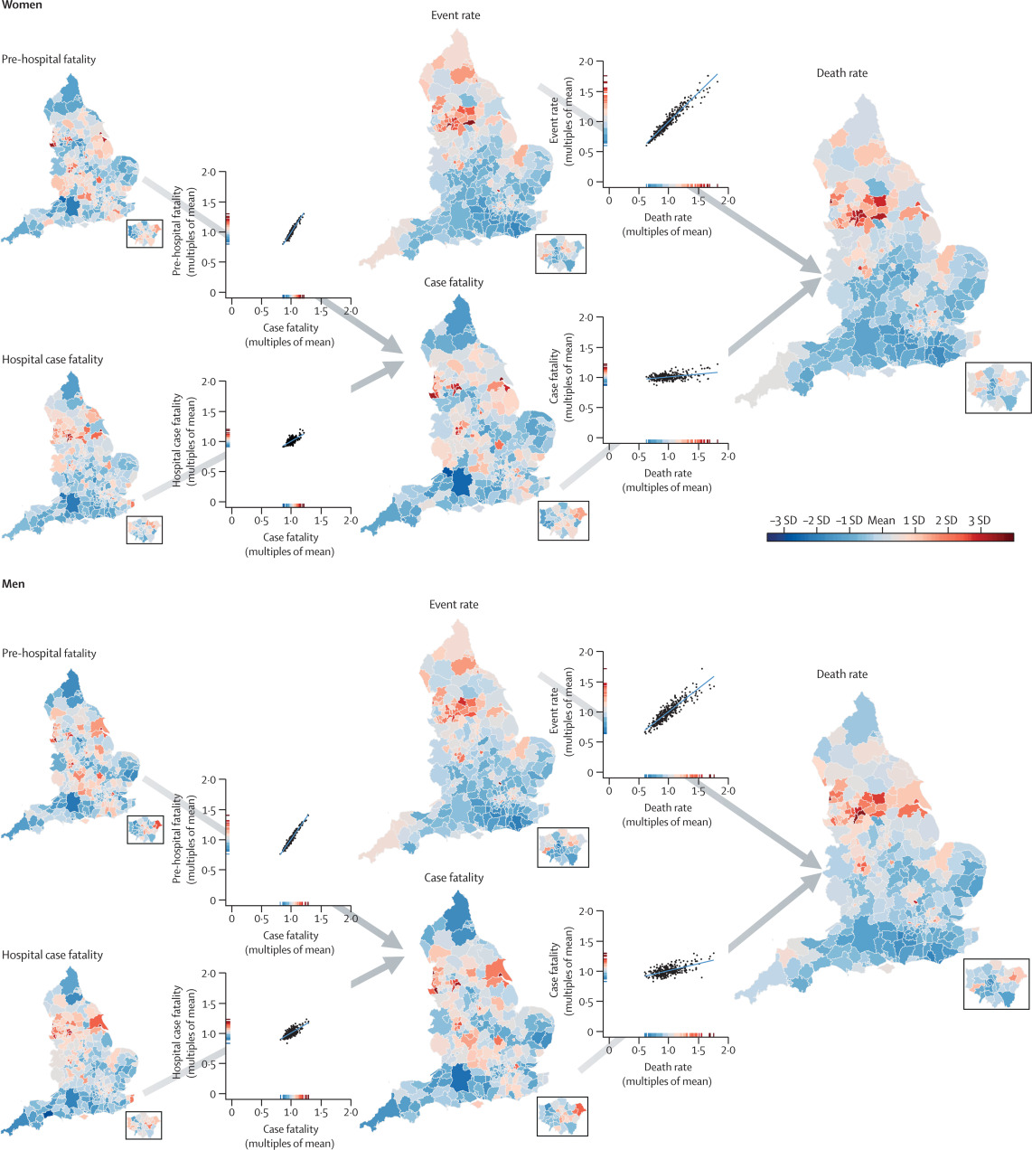 Contributions of event rates, pre-hospital deaths, and deaths following hospitalisation to variations in myocardial infarction mortality in 326 districts in England: a spatial analysis of linked hospitalisation and mortality data