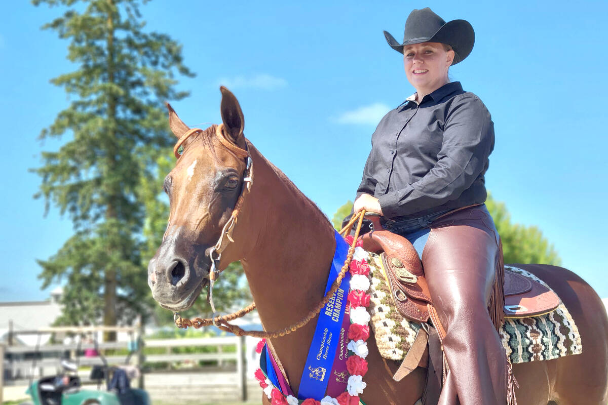 Langley City rider Gillian Fraser and FF Christiana won the ‘Ranch Rail’ open and amateur events at the Region 17 Arabian Horse Association competition at Thunderbird Show Park on Sunday, July 24. Close to 200 competitors fro0m B.C., Alberta and the U.S. took part in the first post-COVID regional competition for North America’s largest Arabian horse association. (Dan Ferguson/Langley Advance Times)
